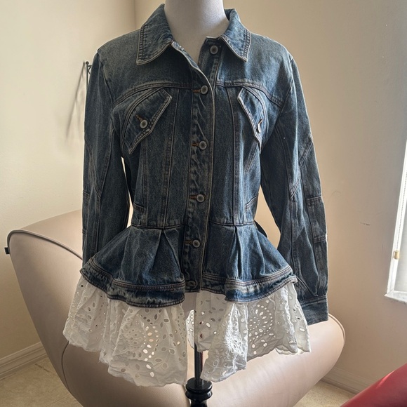 Beulah Jackets & Blazers - Beulah Blue Denim Jacket with White Lace Hem
( New )